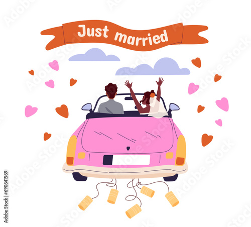 Just married poster. Wedding ceremony. Man and woman at pink automobile. Love and romance. Husband and wife, newlyweds at car. Cartoon flat vector illustration isolated on white background