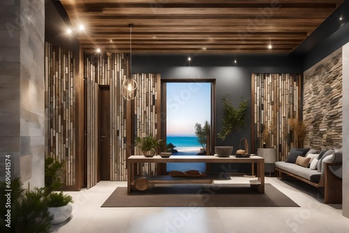 The contemporary entry hall s seaside interior design includes a stone tile wall and rustic timber accents
