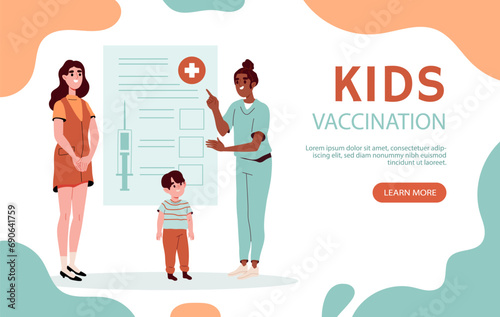 Kids vaccination poster. Women with boy. Certificate for child. Health care and treatment. Prevention and protection from illness. Landing page design. Cartoon flat vector illustration