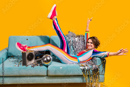 Photo of positive girl have fun in christmas living room isolated bright color background photo