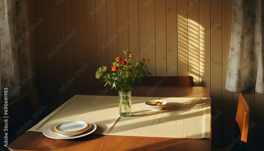 room interior,  a table with a white tablecloth, next to a window with wooden borders