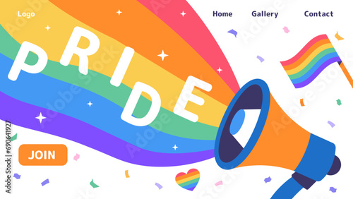 LGBT Festival poster. Loudspeaker with rainbow and flags. Love and romance. Tolerance and unity. Landing page design. Event of pride. Cartoon flat vector illustration isolated on white background