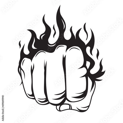 Hand drawn black and white fiery fist illustration