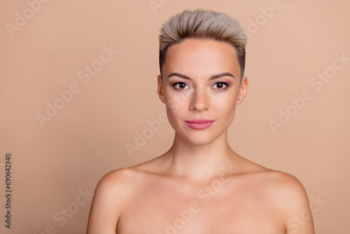 Portrait of pretty girl beautician client wait for cosmetology procedure isolated pastel color background