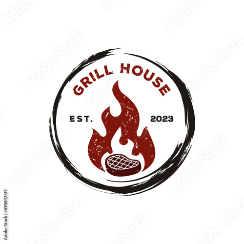 Vintage Grill House bbq barbecue barbeque bar and grill logo design with meat and fire, retro vector illustration.