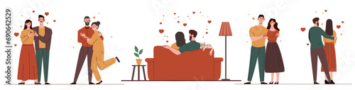 Love couples set. Men and women hug and kiss each others. Valentines Day and wedding anniversary celebration. Romance and care. Cartoon flat vector collection isolated on white background