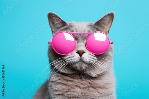 Charming Grey Funny Cat in Pink Round Sunglasses