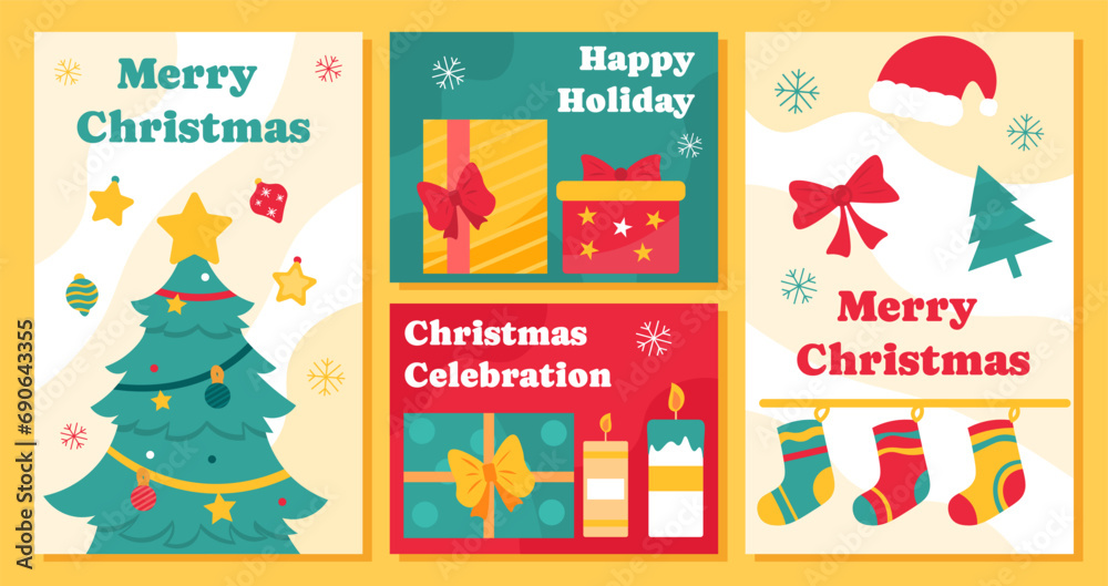 Merry Christmas posters set. Winter holidays and festivals, New Year. Present boxes and socks. Graphic elements for website. Cartoon flat vector collection isolated on yellow background