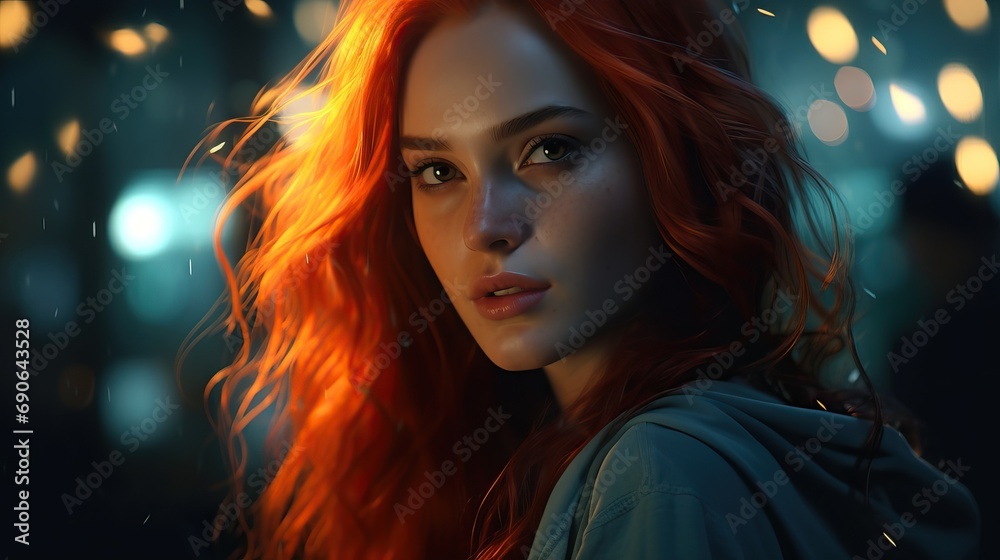 A girl with red hair at night, in the style of realistic hyper-detailed rendering, light white and light orange, dmitry kustanovich, realistic fantasy, studio portrait, dark emerald and orange,