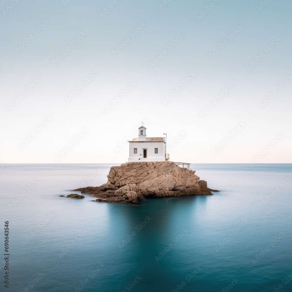 A minimal long exposure Photography of a white and blue church on a rock in the middle of the sea on a Greek island