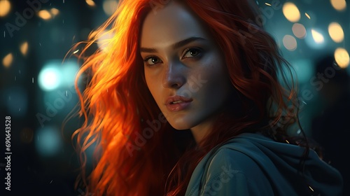A girl with red hair at night, in the style of realistic hyper-detailed rendering, light white and light orange, dmitry kustanovich, realistic fantasy, studio portrait, dark emerald and orange,