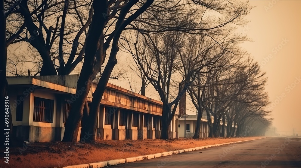Dead trees on the roadside, evening, traditional Chinese architecture, low saturation, retro film feel, realistic photography, photography photos Dead trees on the roadside, evening, traditional Chinese architecture, low saturation, retro film feel, realistic photography, photography photos