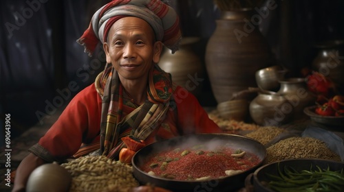 Creat a hyper realistic 4k picture of the stereotypical Thai person wearing a pha nung with spices photo