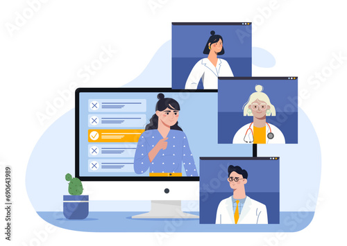 Online consultation concept. Telemedicine and remote medical worker. Health care and treatment. Doctors medicine conference. Cartoon flat vector collection isolated on white background