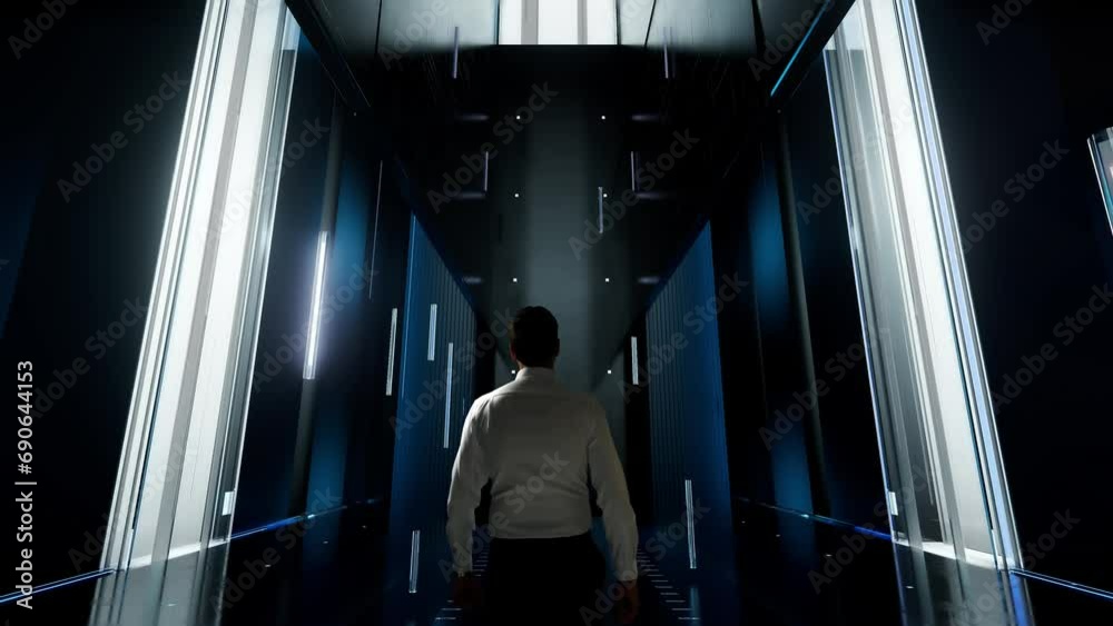 cyber monday. Man in Futuristic Office Interior Moving and Activating Hologram.