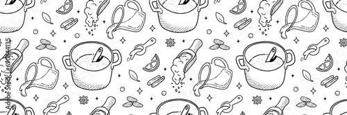 Kitchenware and Cook ingredients line Pattern. Food icons and elements. Pattern for background.