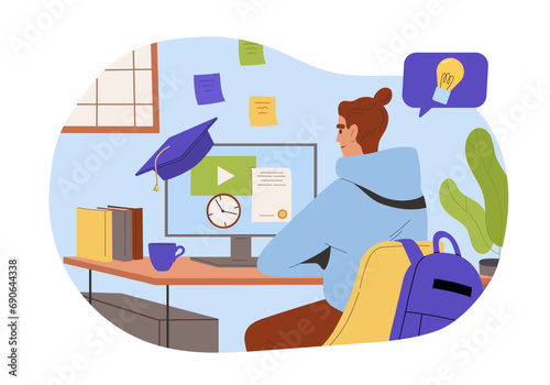 Online courses concept. Man with distant education. Young guy with certificate. Learning and training, lecture on internet. Cartoon flat vector illustration isolated on white background