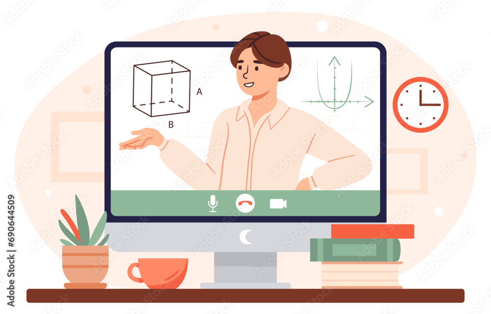 Online lesson for students. Teacher give lecture through computer monitor. Distant education. Learning and studying on internet. Math lesson, geometry. Cartoon flat vector illustration
