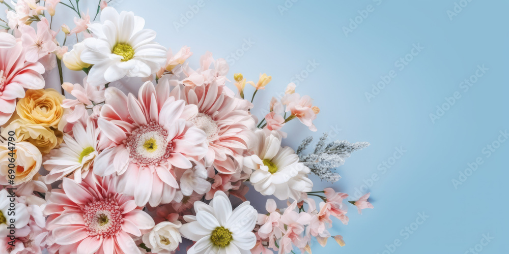 Floral border, assorted garden flowers background, romantic pink backdrop, flat lay, top view