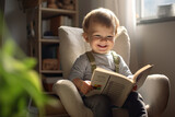 Adorable 18 months baby boy sitting on baby chair and reading book at home