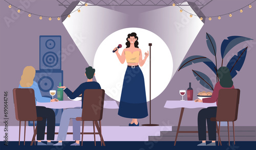 Comedians on stage open mic concept. Woman tell jokes frrom sceene. Young girl performing. Fun and humor. Stand up shoe. Entertainment and leisure, event. Cartoon flat vector illustration photo