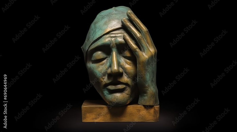 A bronze sculpture of a discombobulated Jiangshi head in hands, in the style of minimalism surrealism, foreshortening techniques, patina, fragmented structural forms, compromised integrity, sci-fi rea