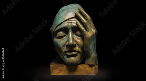 A bronze sculpture of a discombobulated Jiangshi head in hands, in the style of minimalism surrealism, foreshortening techniques, patina, fragmented structural forms, compromised integrity, sci-fi rea photo