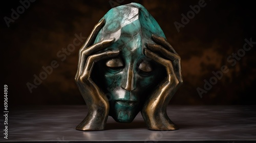 A bronze sculpture of a discombobulated Jiangshi head in hands, in the style of minimalism surrealism, foreshortening techniques, patina, fragmented structural forms, compromised integrity, sci-fi rea photo