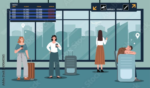 People in airport concept. Man and woman wiait airplane. Young guys and girls near flight departure. Holiday and vacation, international travels and trips. Cartoon flat vector illustration