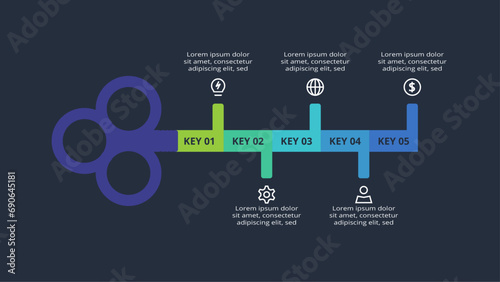 Creative infographic with 5 elements, presentations, vector illustration. Template for web on a black background.