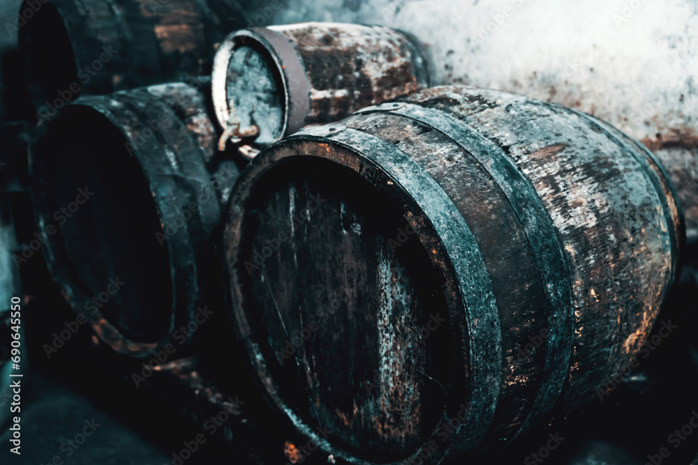 Old vintage wine barrels, Wine Barrels in Cellar