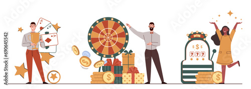 People playing casino set. Men and woman with gambling. Forthune games. Fortune wheel and slot machine, playing cards. Cartoon flat vector collection isolated on white background