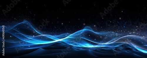 Abstract dark blue digital background with sparkling blue light particles and areas with deep. Particles form into lines, surfaces and grids