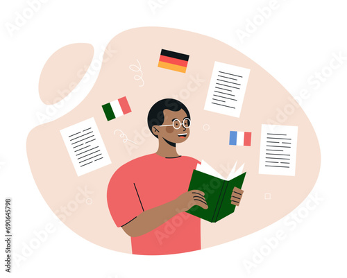 Person study concept. Man read book with different languages. Education, learning and training, studying. Student dogin homework. Cartoon flat vector illustration isolated on white background