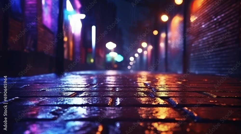 Dark street, old brick wall decorated with night lanterns. Empty street scene, neon light. Night view, blurred abstract bokeh light Dark street, old brick wall decorated with night lanterns. Empty street scene, neon light. Night view, blurred abstract bokeh light