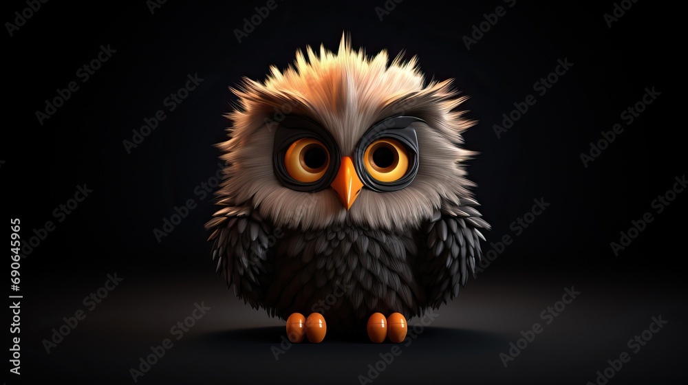 cute, chibi, owl, solid black background, 3d, 8k, realism