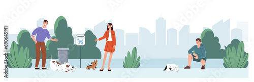 People walk dogs in city park. Men and woman with domestic animals outdoor. Household chores and routine. Care about pet. Graphic element for website. Cartoon flat vector illustration