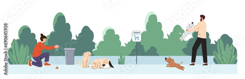 People walk dogs in city park. Men and woman with domestic animals outdoor. Household chores and routine. Care about pet. Best friends of human. Cartoon flat vector illustration