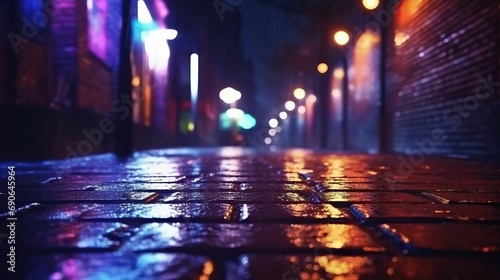 Dark street, old brick wall decorated with night lanterns. Empty street scene, neon light. Night view, blurred abstract bokeh light