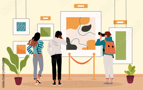 People in picture gallery. Men and woman with abstract creativity and art. Young guys and girls at exhebition. Visiters look at art objects, paintings. Cartoon flat vector illustration