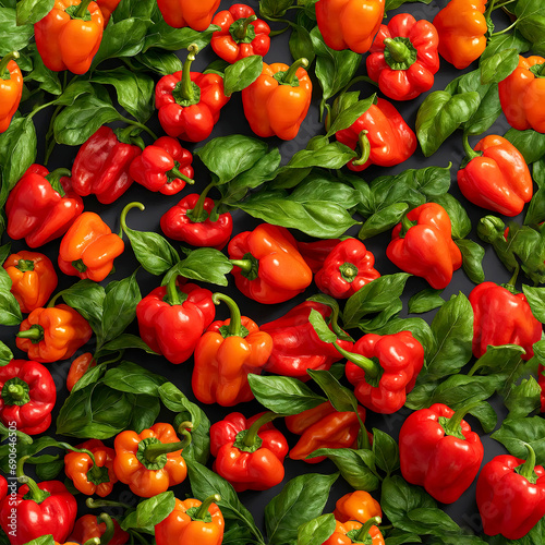 Red sweet and hot peppers with leaves lie on the table, top view, macro, background