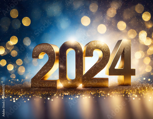 2024 in sparkling, festive New Year Eve decorations, with a countdown clock,