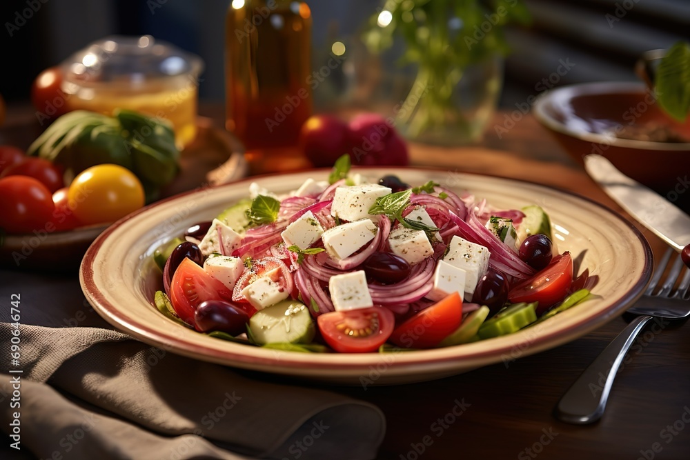 a salad with red onions, tomatoes, and feta cheese