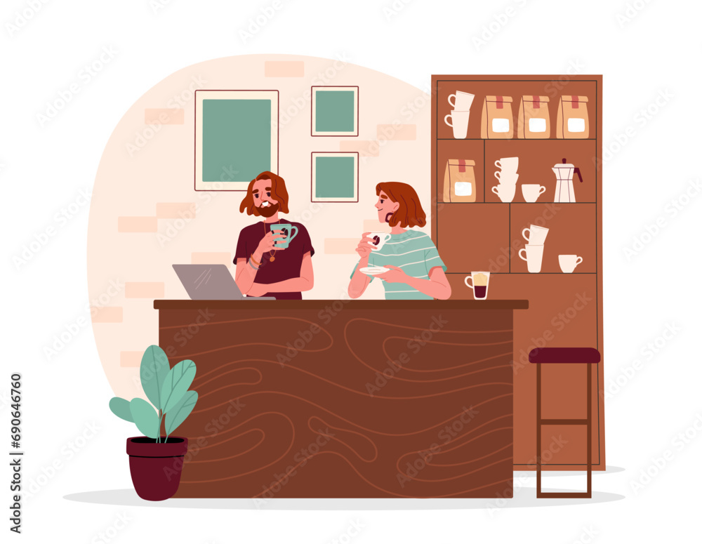 Rest in coffee shop concept. Cafe and catering service. Man and woman with cup of hot drinks. Aroma and beverage. Cappuccino and latte. Cartoon flat vector illustration isolated on white background