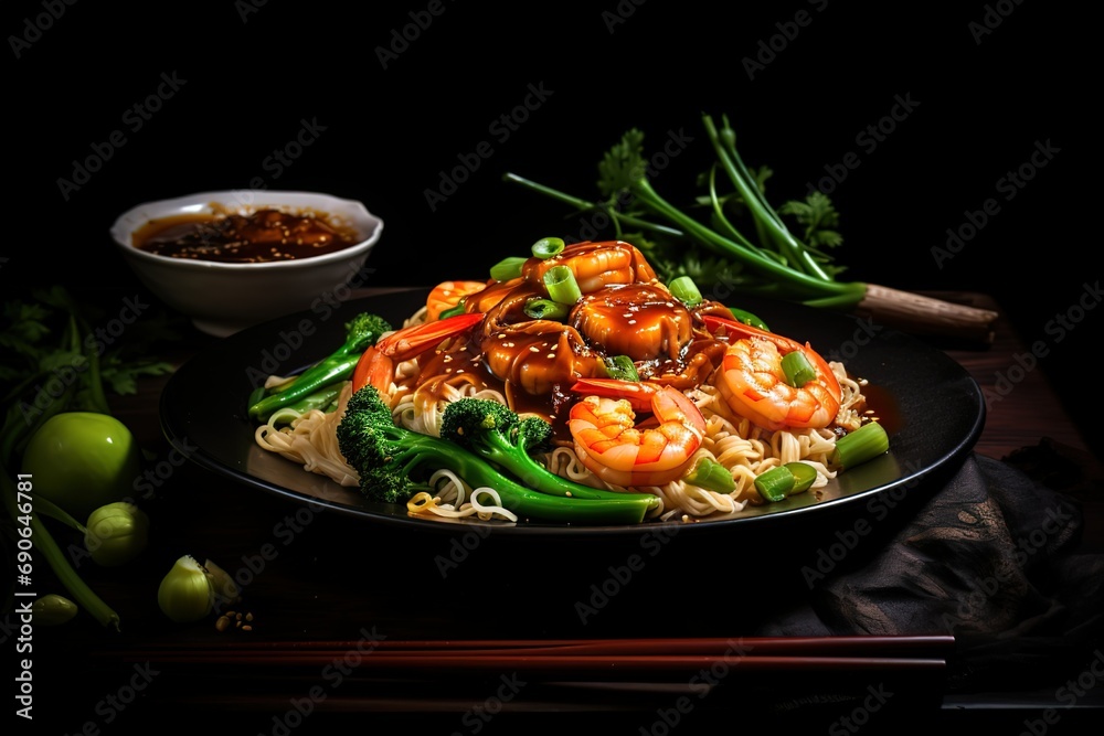 a plate with shrimp, noodles, and green vegetables a plate with shrimp, noodles, and green vegetables