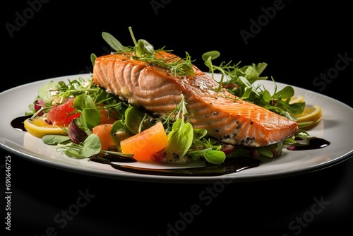 a plate of salmon with a salad on it