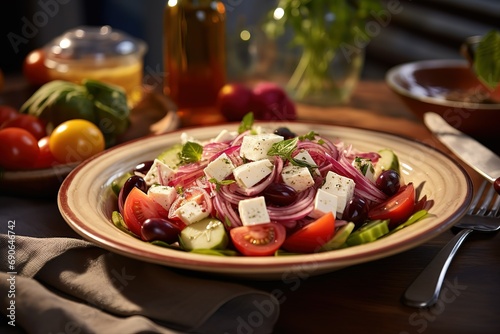 a salad with red onions  tomatoes  and feta cheese