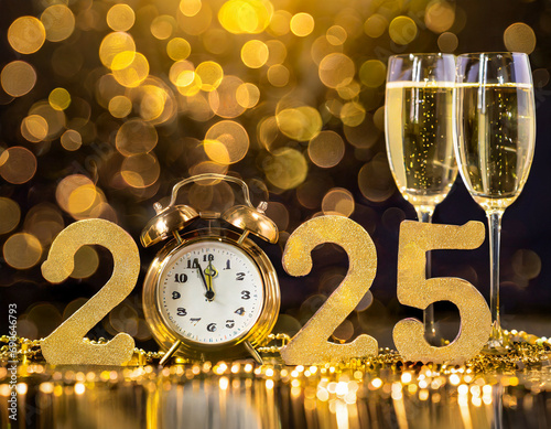 2025 Happy New Year Celebration With Champagne And Clock Gold Abstract Defocused Bokeh Lights