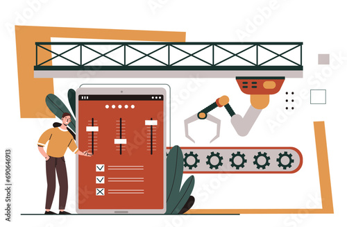 Robotic machines concept. Moder technologies and innovations at factory. Automatization of production process. Man with remote control. Cartoon flat vector illustration isolated on white background