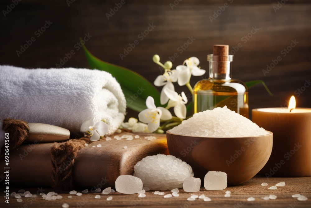 beauty treatment items for spa procedures on wooden table